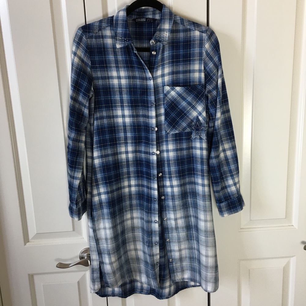 Zara Plaid Shirt Dress Blue White Snaps Down Small